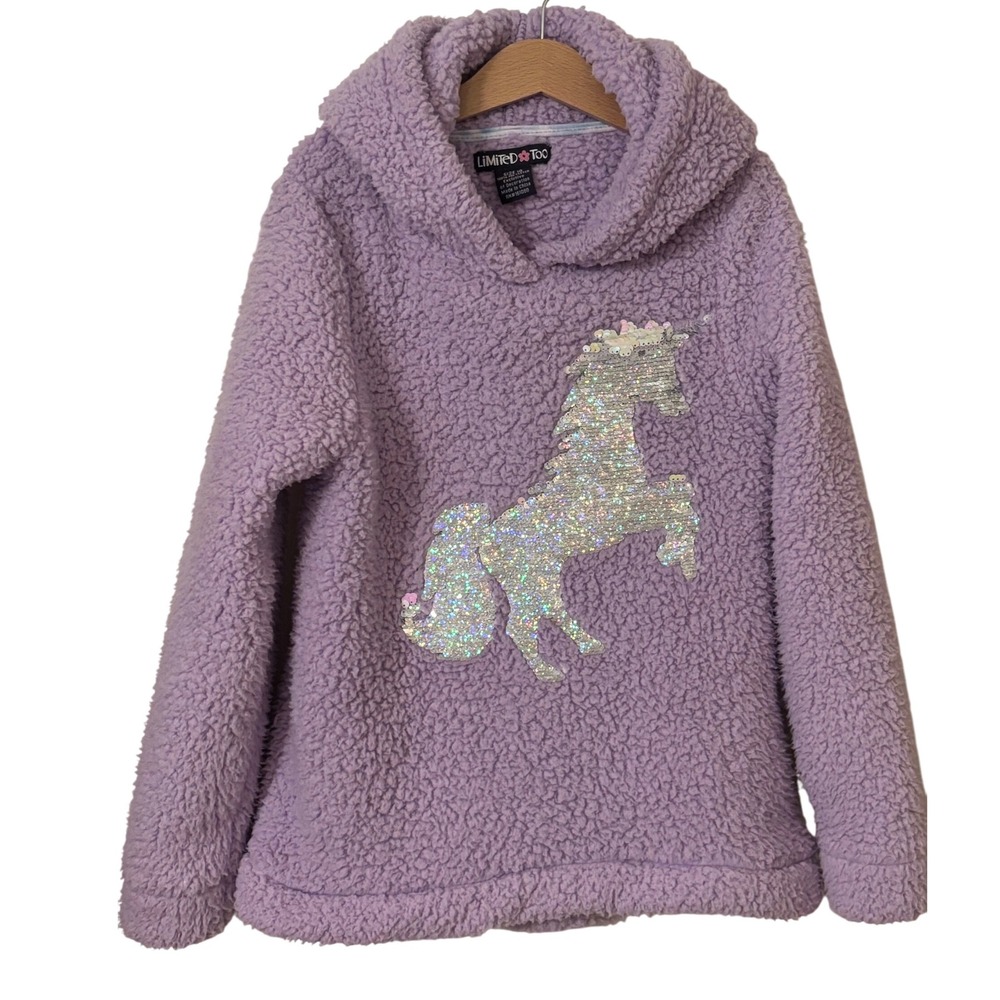 Limited Too Girls Purple Fleece Hoodie Unicorn Sequin Pullover Sweater Size 10